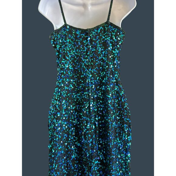 Vintage Scala Blue Green Fully Beaded Silk Evening Gown Medium Prom Y2K Rare - Picture 6 of 12